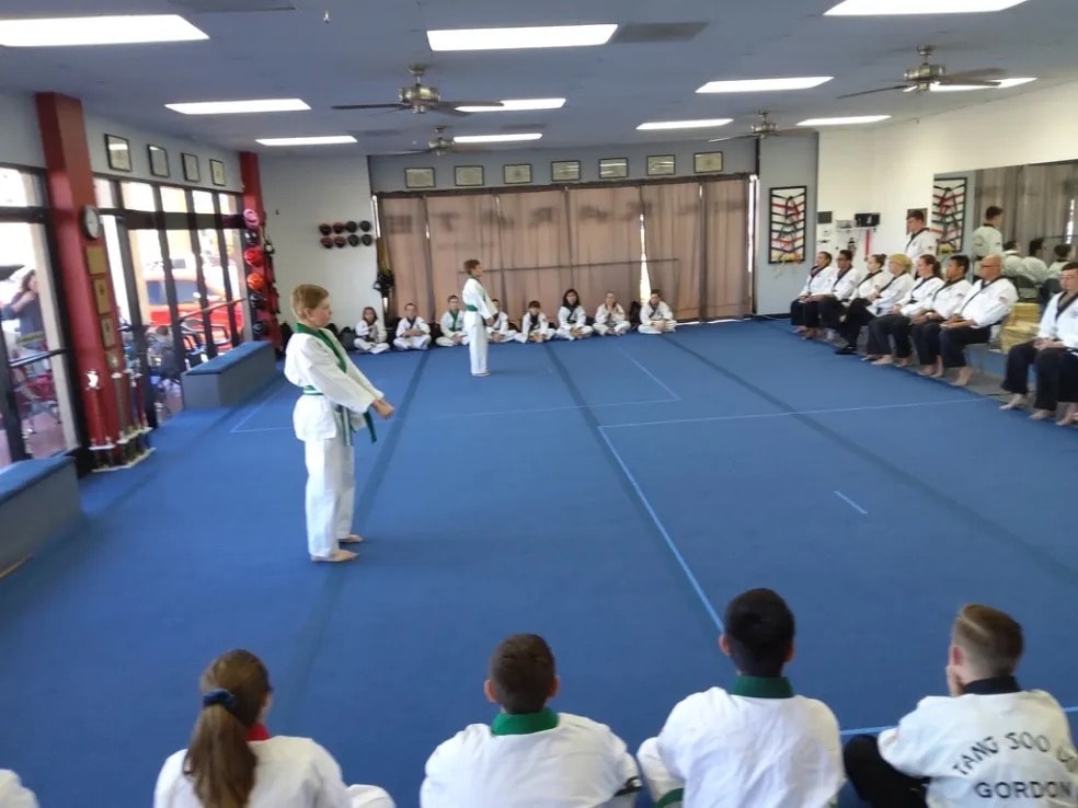 Karate instructor demonstrating technique to students